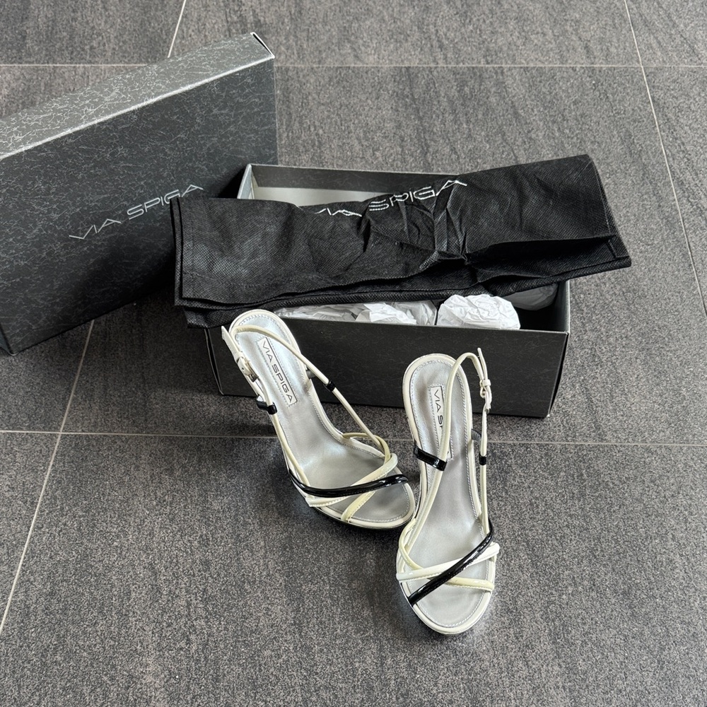 Via Spiga Black and Silver Strappy Slingback Heels